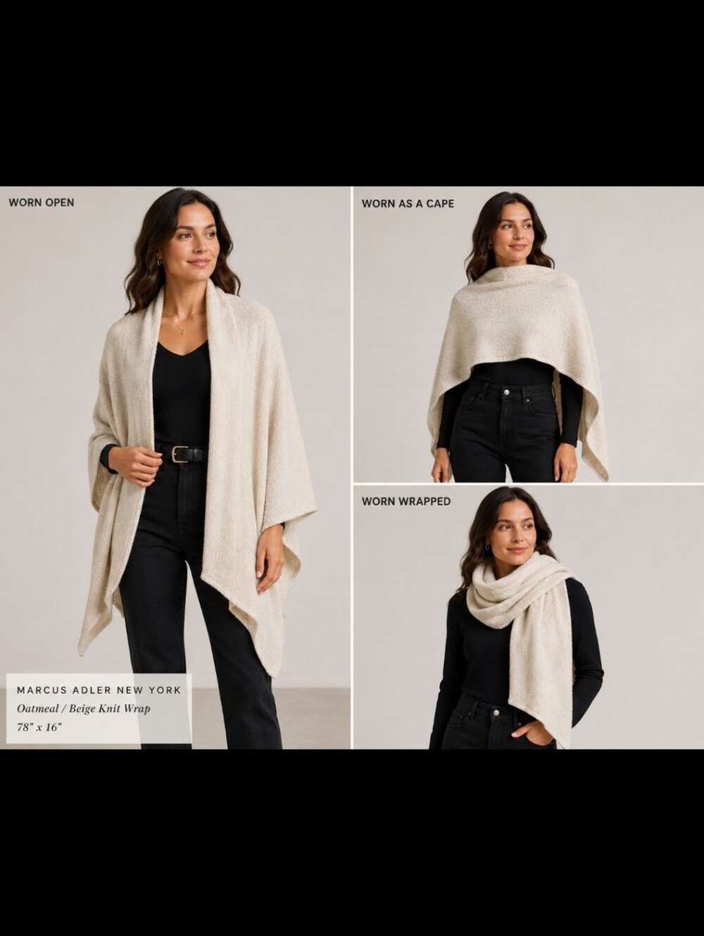 Marcus Adler New York Oatmeal/Beige Knit Shoulder Wrap/Shawl 78" x 16"